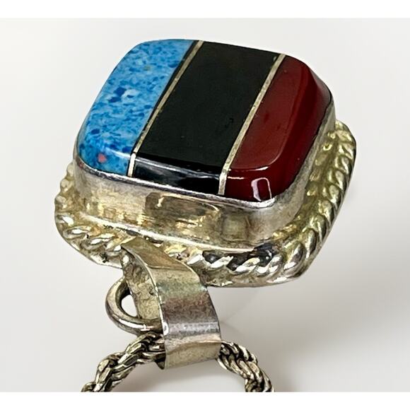 Vintage Taxco Sterling Silver Inlay Pendant Necklace – Coral Onyx Turquoise- 27” - Picture 10 of 16